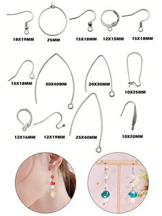 various types of earrings are shown in different sizes and shapes, including the ear hooks