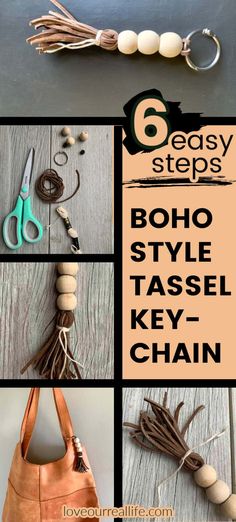 the instructions for how to make boho style tassel key chain with leather straps