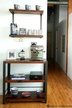 some shelves with coffee cups and books on them