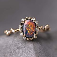 Bubble Tea Design Black Opal Diamond Engagement Ring Luxury Black Oval Opal Ring, Bubble Tea Design, Opal Diamond Engagement Ring, Vintage Opal Engagement Ring, Pear Diamond Engagement Ring, Diamond Sapphire Engagement Ring, Australian Black Opal, Opal Birthstone, Black Opal Ring