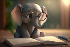 an elephant wearing glasses sitting on top of an open book with a pencil in it's mouth