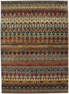 a multicolored rug with many different patterns