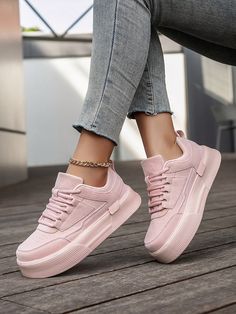 Women's Fashionable Versatile Splicing Detail Casual Sneakers, Daily Breathable Platform Thick Sole Minimalist Canvas Shoes Pink    PU Leather     Sports & Outdoor Shoes, size features are:Bust: ,Length: ,Sleeve Length: Colorblock Shoes, Women Casual Flats, Casual Athletic Shoes, Lace Gloves, Casual Sneakers Women, Womens Athletic Shoes, Casual Sport Shoes, Casual Sporty, Casual Flats