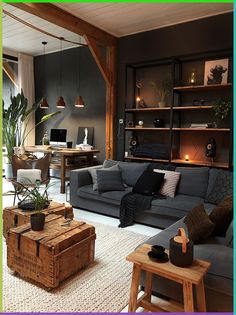 Browse the best designs, layouts, and inspirations for rustic living rooms in this page and copy the style! Wall Mounted Shelving Unit, Masculine Living Rooms, Interior Vintage, Industrial Living, Industrial Livingroom, Decor Minimalist, A Living Room, Design Living, Design Case