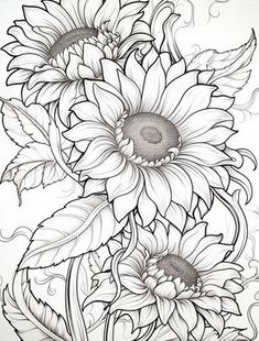 sunflowers in a vase with swirly lines on the side and leaves around them