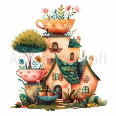 a house with plants growing out of it's roof and pots on the roof