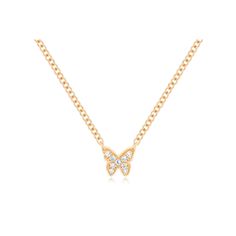 The Diamond Baby Butterfly Necklace soars with small sparkle. This whimsical necklace features .02 carats of pavé diamonds set in a flat miniature butterfly motif suspended from a chain extending from each of the wings. Rose Gold Diamond Jewelry With Butterfly Charm, Dainty Diamond Necklace With Butterfly Charm, Butterfly Shaped Rose Gold Jewelry With Diamond Accents, Rose Gold Butterfly Jewelry With Diamond Accents, Rose Gold Butterfly Pendant Necklace With Delicate Chain, Whimsical Necklace, Butterfly Motif, Baby Necklace, Symbol Necklace