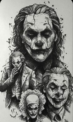 an ink drawing of the joker and his three clowns, all in different poses