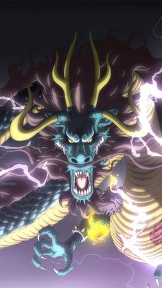 an animated image of a demon with horns on it's head and lightning in the background