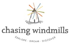 chasing windmills logo with the words explore dream discovery in grey and orange letters on a white background