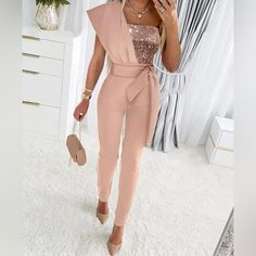 Make A Bold Statement In This One-Shoulder Jumpsuit. Features: Gorgeous, Chic Sequin Details Self-Tie Waist Belt One-Shoulder Detail Hidden Zipper Material: 95% Polyester, 5% Spandex Cocktail Jumpsuit, Mode Rose, Bodycon Outfits, Evening Jumpsuit, Summer Playsuit, One Shoulder Jumpsuit, Sequin Jumpsuit, Jumpsuit Chic, Jumpsuit Elegant