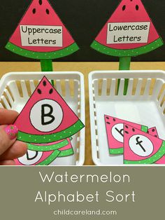 watermelon themed letter matching game for kids to practice their uppercase and lowercase letters