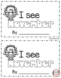 two worksheets with the words i see november and november in black and white