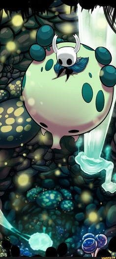 an image of a cartoon character floating in the air next to a waterfall with bubbles