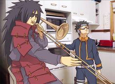 two anime characters are playing trombones in the kitchen together, one is wearing an orange and blue outfit