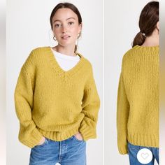 two pictures of a woman wearing a yellow sweater and jeans, one with her hands in her pockets