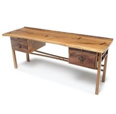 a wooden table with two drawers on one side and an open drawer on the other