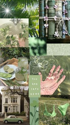 the collage is filled with green and white images, including flowers, books, plants, and other things