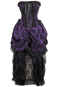 Overbust corset dress made of high quality taffeta and lace fabrics 10 Spiral Steel boned with 2 Flat steel bones Delicate lace detailing Ribbon tie closure at back for cinching Privacy Panel Lined Hand Wash Only