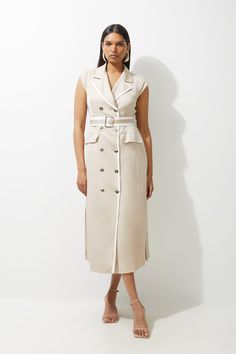 Tailored Linen Double Breasted Belted Tipped Midi Dress Hen Do Outfits, Bride Jumpsuit, Petite Wedding Guest Dresses, Long Flared Skirt, Plus Size Workwear, Petite Midi Dress, Summer Bridesmaid Dresses, Work Trip, Petite Business Casual