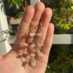 Rose quartz chips linked together | dangle earrings | aesthetic wire earrings | gift for her Rose Gold Dangle Earrings With Rose Quartz, Chip Bead Jewelry, Wire Wrapped Jewelry Diy, Rose Quartz Earrings, Handmade Wire Jewelry, Jewelry Lookbook, Dangly Earrings, Crystal Drop Earrings, Quartz Rose