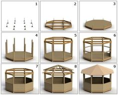 the instructions for building a gazebo with wooden posts and roofing materials are shown