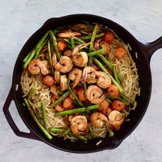 shrimp, asparagus and pasta in a skillet