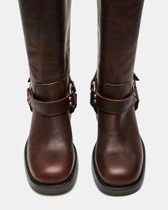 ASTOR Brown Leather Knee High Boot | Women's Boots – Steve Madden Platform Brown Boots, Fall Boots 2024, Brown Biker Boots, Steve Madden Knee High Boots, Brown Fall Boots, Brown Square Toe Boots, Knee High Brown Boots, Brown Leather Knee High Boots, Autumn Boots