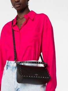 Valentino Garavani Rockstud Leather Crossbody Bag - Farfetch Valentino Rockstud Bag, Valentino Crossbody Bag, Leather Interior Design, Crossbody Bag Outfit, Valentino Crossbody, Gold Foil Logo, Crossbody Bag Black, Black Leather Crossbody Bag, Valentino Rockstud