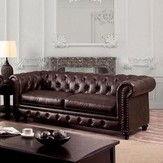 Stanford Brown Sofa- Chesterfield-Inspired Leatherette Sofa, Traditional Loveseat, Transitional Sofa, Cart Furniture, Ornate Furniture, Tufted Cushion, Brown Sofa, Nail Head, Furniture Of America