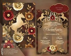 the wedding card is decorated with gold and red flowers, which are surrounded by golden leaves