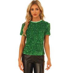 Crafted from the softest velvet fabric and embellished with delicate sequins, this blouse is the perfect choice for any day or night occasion. The regular-fit design is comfortable to wear and flattering to most body types, while the crew neck and short sleeves provide a classic and timeless look that is perfect for any event. The shimmery sequins add a touch of sparkle and glamour, making it perfect to wear for a night out. This blouse is incredibly versatile and can be paired with almost anyth Crushed Velvet Fabric, Stand Collar Shirt, Lace Top Long Sleeve, Fitted Blouses, Sequin Fabric, Night Looks, Women's Wardrobe, Types Of Skirts, Womens Clothing Sizes