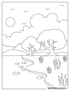 a coloring page with trees and water