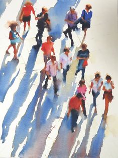 a group of people walking down a street with shadows on the ground in front of them