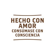 the logo for hecho con amr, consisting of brown and white letters on a white background