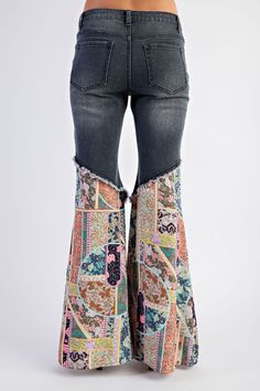 Details Brand: Easel Bell Bottom Jeans Features A Denim Top and a Mixed Print Fabric Bottom Button and Zip Fly Flared Legs Mixed Print of Paisley and Bandana Patterns Distressing where contrasting fabrics meet 5 Pockets TRUE TO SIZE Material and Care 70% Cotton 20% Polyester 9% Rayon 1% Spandex Hand Wash Cold Dry Flat Measurements of Garment Waist of the garment is measured straight across the top of the waistband then doubled. Rise of the garment is measured down the middle from the top of the Black Wash Jeans, Umgee Clothing, Boho Jeans, Bottom Jeans, Love Clothing, Bandana Print, Washed Denim, Bell Bottom, Plus Dresses