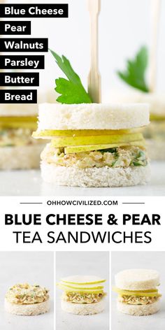 blue cheese and pea sandwiches with text overlay