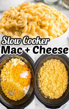 slow cooker macaroni and cheese in bowls with the words slow cooker macaroni and cheese