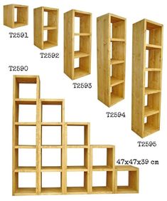 several wooden shelving units are arranged in the shape of squares and rectangles