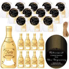 wine bottle tags with gold foil on them and black labels in front of the bottles