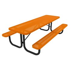 an orange picnic table with two benches on each side and one bench at the end