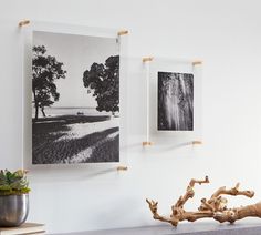 two black and white photographs hanging on the wall