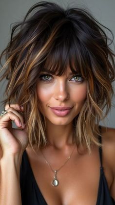 Shoulder Length Hair For Brunettes, Women Chin Length Hair, Kirstie Alley Hair, Wendy Moniz Hair, Medium Styles For Fine Hair, Hairstyles Shag Over 50, Short Dark Layered Hair, How To Style Medium Shag Haircuts, Shoulder Length Hair With Volume