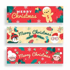 three christmas banners with cartoon characters on them