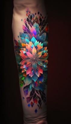 a colorful flower tattoo on the side of a woman's leg, with geometric designs