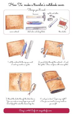 the instructions for how to make a traveler's notebook cover in watercolor and ink