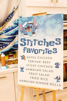 a sign in the kitchen that says stitches favorites