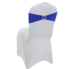 white chair with blue sash and ring on the back