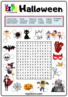 the halloween word search is shown in this printable activity sheet for kids to learn how to