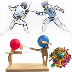 an image of two people playing with balls and baseball bats in the same room, one man hitting another person with a bat